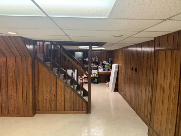 Before image of basement area nearby the stairs, with a small mattress and kitchen odds and ends including paper towels and snacks on tables in the background.